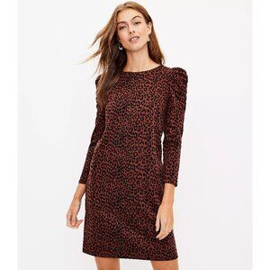 NWT Womens Size Medium Ann Taylor LOFT Leopard Print Ruched Sleeve Dress NEW